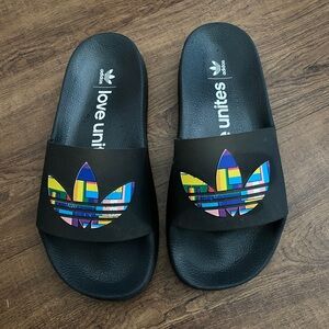 Adidas Black Slides with Colorful Logo